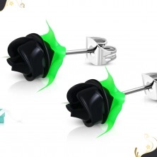 Steel earrings, black silicone rose with green leaves, studs