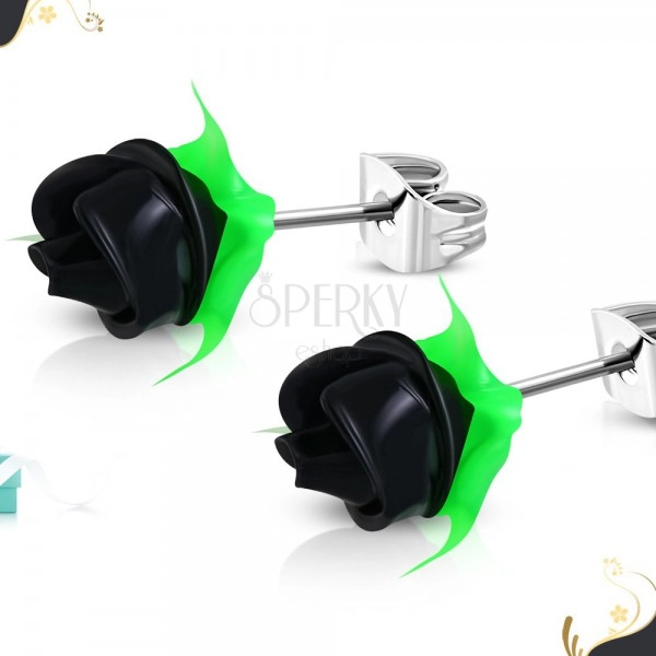 Steel earrings, black silicone rose with green leaves, studs