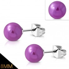 Stainless steel earrings, purple balls with metallic reflections