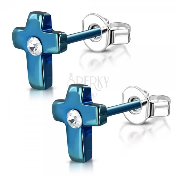 Steel earrings, anodized blue cross with a clear zircon