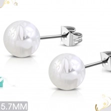 Stainless steel earrings, pearlescent white balls with a white flower motif