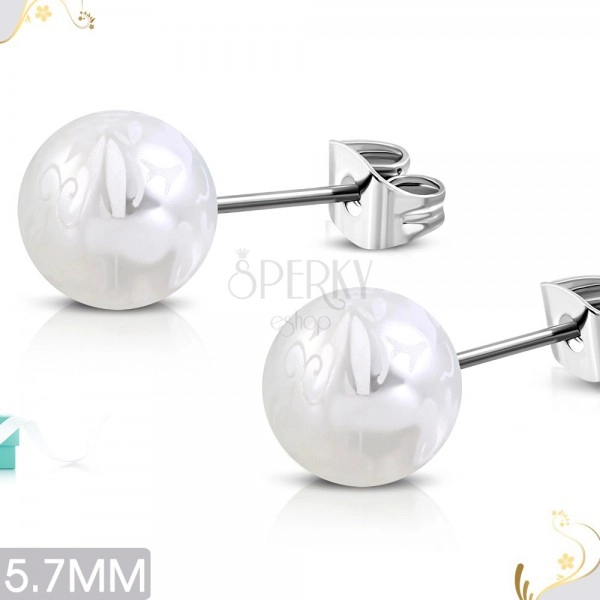 Stainless steel earrings, pearlescent white balls with a white flower motif