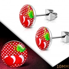 Stud steel earrings - circles with cherries on a polka-dot background