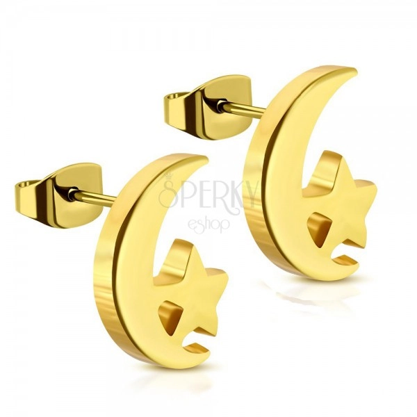 316L steel earrings in gold colour, a moon crescent and a star