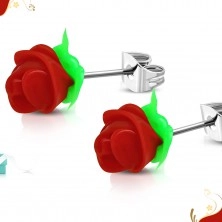 Stainless steel earrings, red silicone rose, green leaves