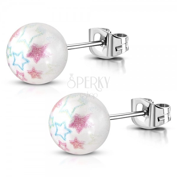 316L steel earrings, pearlescent white acrylic balls with colour stars