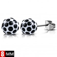 Stainless steel earrings, white balls with black dots