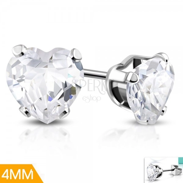 Steel earrings in silver shade, clear zircon heart