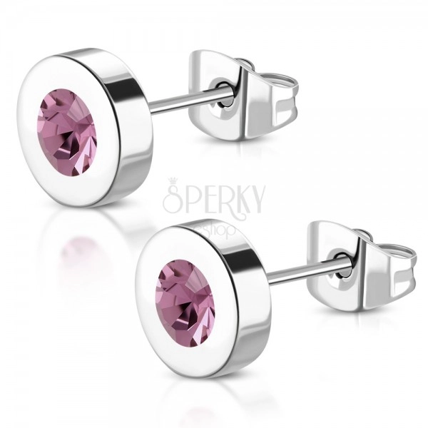 316L steel earrings - circular purple zircon in a circle of silver colour
