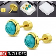 Screw-back earrings in golden colour, 316L steel, circle with a turquoise blue middle 
