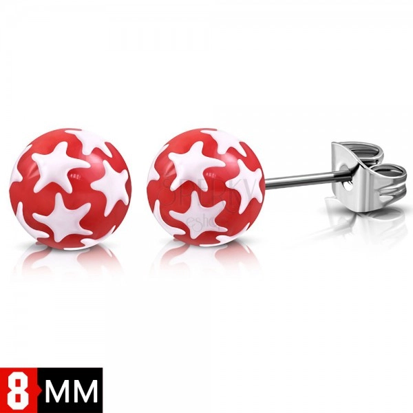 Stainless steel earrings, red balls with white stars
