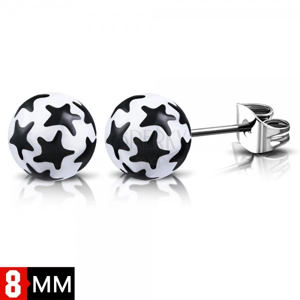 Steel earrings, white balls with black stars, studs
