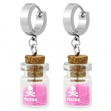 Hinged snap stainless steel earrings, silver colour, bottle with pink balls