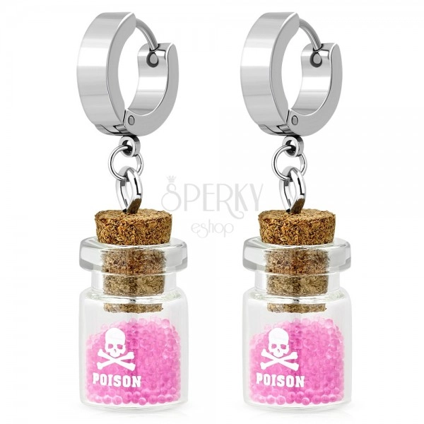 Hinged snap stainless steel earrings, silver colour, bottle with pink balls