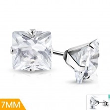 Steel earrings in silver shade, clear square zircon, 7 mm