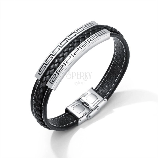 Black leather bracelet, steel plate in silver colour - Greek key