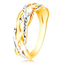 14K gold ring - two-coloured, curved and entwined lines, indents
