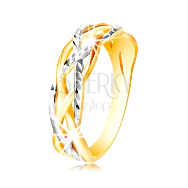 14K gold ring - two-coloured, curved and entwined lines, indents