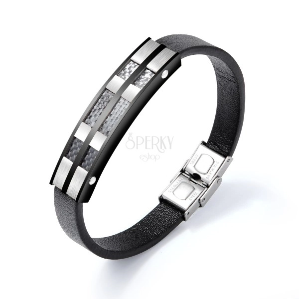 Black leather bracelet, shiny plate of black and silver steel