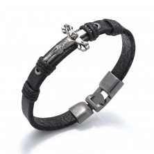 Black synthetic leather bracelet, patinated cross in silver colour, string