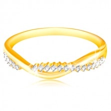 14K gold ring - two thin entwined waves - smooth and zircon