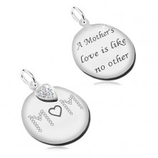 925 silver pendant, flat double-sided circle with black inscriptions, heart