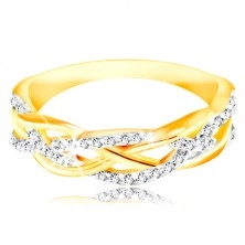 Ring of combined 14K gold - entwined smooth and zircon lines