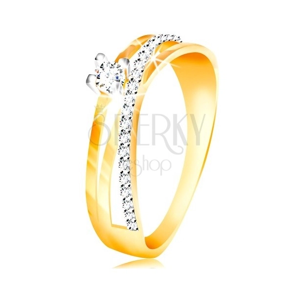14K gold ring - diagonal zircon line in clear colour, circular zircon in a mount