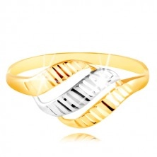 585 gold ring - three waves of yellow and white gold, shiny indents