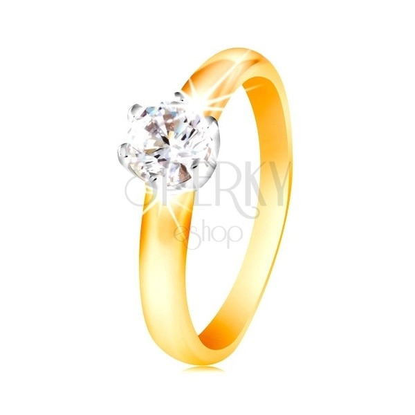 Two-coloured 14K gold ring - clear zircon in a mount with six prongs, rounded shoulders