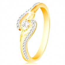 Ring of 14K gold - curved shoulder ends, thin zircon lines and bigger zircon