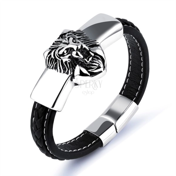 Black synthetic leather bracelet, silver plate with a lion