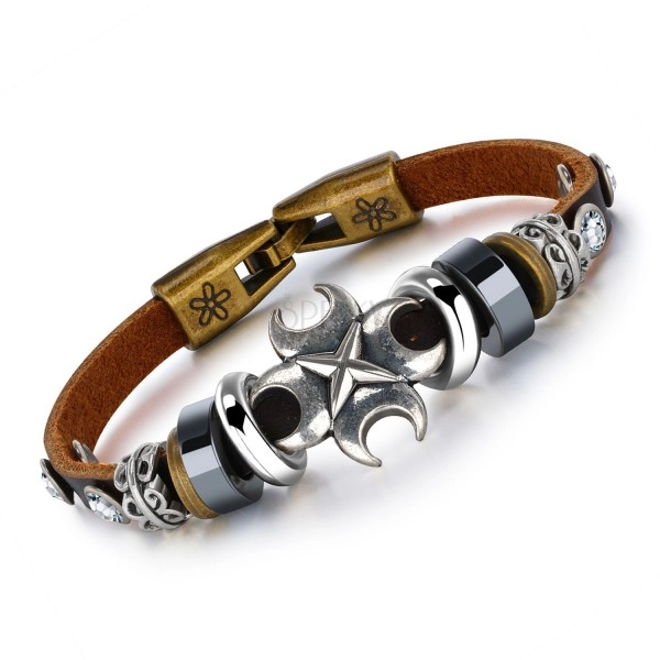 Bracelet of brown synthetic leather, cross, clear zircons and beads