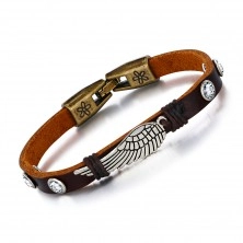 Brown leather bracelet, patinated angel wing, zircons