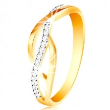 Ring in combined 14K gold - entwined smooth and zircon lines