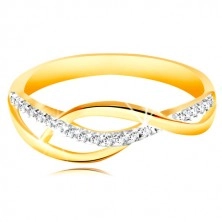 Ring in combined 14K gold - entwined smooth and zircon lines