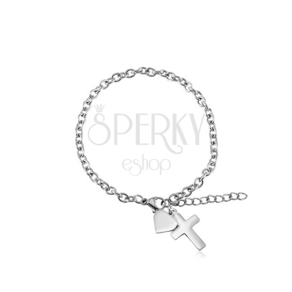 Stainless steel bracelet in silver colour, oval rings, heart and cross