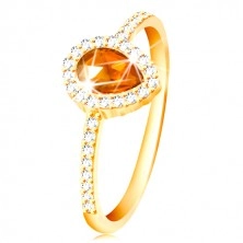Ring made of yellow 14K gold, drop in orange colour with clear zircon rim