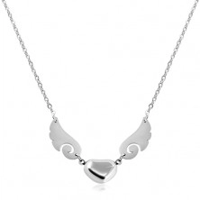 Silver coloured necklace, 316L steel, shiny heart with angel wings