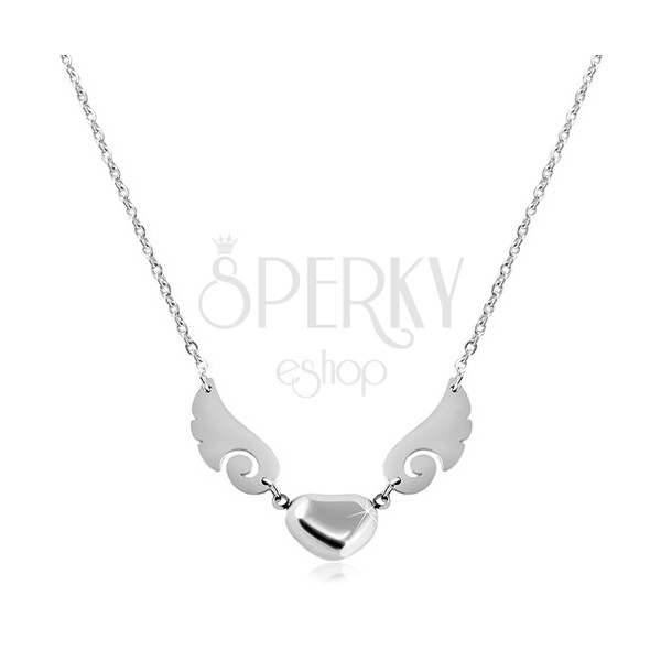 Silver coloured necklace, 316L steel, shiny heart with angel wings