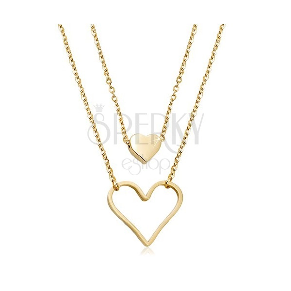 Steel necklace in gold colour, small full heart, big heart contour, two chains