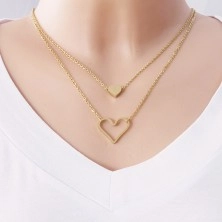 Steel necklace in gold colour, small full heart, big heart contour, two chains