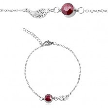 Stainless steel bracelet in silver colour, red zircon and angel wing