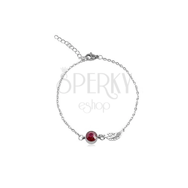 Stainless steel bracelet in silver colour, red zircon and angel wing