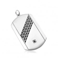 Steel pendant, matte plate in silver colour, black diagonal stripe, black zircon