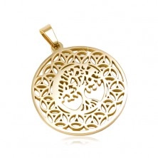 Circular 316L steel pendant in golden colour, the tree of life, ornaments 