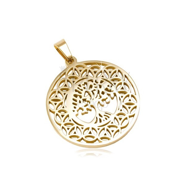 Circular 316L steel pendant in golden colour, the tree of life, ornaments 
