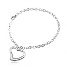 Steel bracelet in silver colour, oval rings, heart contour