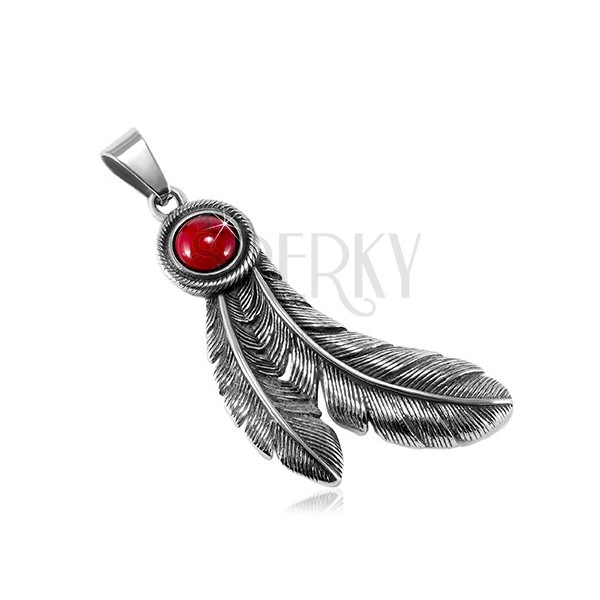 Steel patinated pendant, circular red stone and Indian feathers