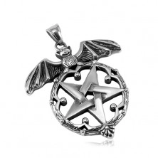 Patinated pendant, 316L steel, bat and pentagram in decorative circle